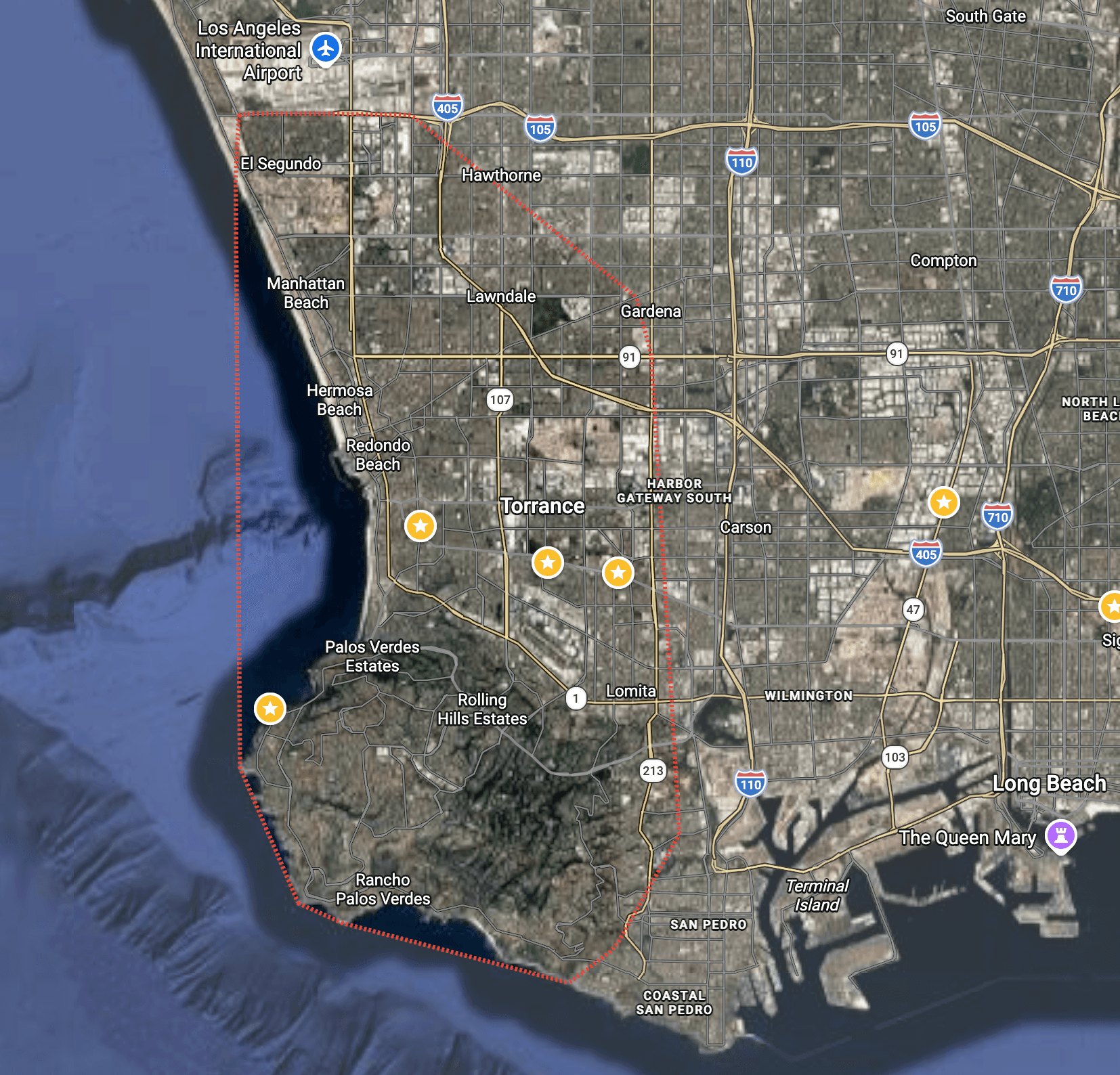 Map of the Schulze Plumbing Inc. service area along the South Bay coast, outlined in red. No street address is shown.